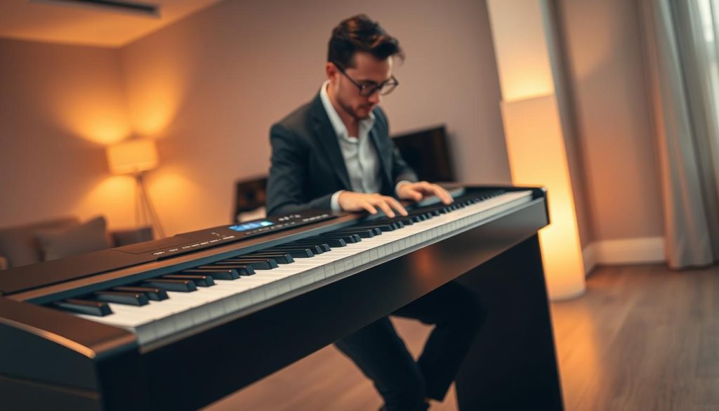 A sleek, modern digital piano, the Casio Privia PX-S, positioned prominently in the foreground. The piano features a minimalist design with a glossy black finish, intricate white keys, and a vibrant LED display showcasing innovative features. In the middle ground, a stylish musician dressed in smart casual attire focuses intently on playing, fingers gracefully gliding over the keys. The background is softly blurred, showcasing a contemporary room with subtle lighting that highlights the piano's elegant curves. Warm ambient light bathes the scene, creating a cozy and inviting atmosphere, suggesting creativity and innovation. The angle captures both the musician and the piano from a slightly elevated perspective, conveying a sense of inspiration and artistry in a modern setting. A sleek, modern digital piano, the Casio Privia PX-S, positioned prominently in the foreground. The piano features a minimalist design with a glossy black finish, intricate white keys, and a vibrant LED display showcasing innovative features. In the middle ground, a stylish musician dressed in smart casual attire focuses intently on playing, fingers gracefully gliding over the keys. The background is softly blurred, showcasing a contemporary room with subtle lighting that highlights the piano's elegant curves. Warm ambient light bathes the scene, creating a cozy and inviting atmosphere, suggesting creativity and innovation. The angle captures both the musician and the piano from a slightly elevated perspective, conveying a sense of inspiration and artistry in a modern setting.