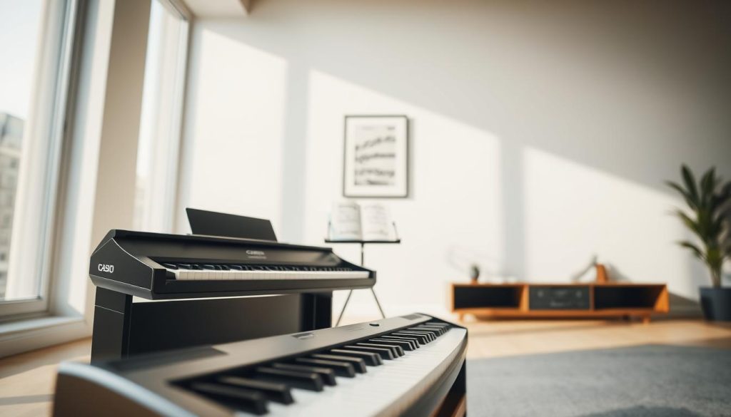 A sleek, portable Casio CDP-S digital piano prominently displayed in a modern, well-lit room. The foreground features the piano with its glossy black finish, illuminated by soft natural light coming from a large window nearby. The middle ground includes a small, stylish music stand with sheet music featuring a classical piece, suggesting an environment conducive to practice. In the background, a minimalistic decor with light-colored walls and a simple yet elegant art piece adds to the ambiance, enhancing the theme of being a perfect companion for mobile musicians. The overall mood is inspiring and inviting, evoking creativity and the joy of music-making in a contemporary setting. The image captures a low-angle perspective, emphasizing the piano's design against a serene backdrop. A sleek, portable Casio CDP-S digital piano prominently displayed in a modern, well-lit room. The foreground features the piano with its glossy black finish, illuminated by soft natural light coming from a large window nearby. The middle ground includes a small, stylish music stand with sheet music featuring a classical piece, suggesting an environment conducive to practice. In the background, a minimalistic decor with light-colored walls and a simple yet elegant art piece adds to the ambiance, enhancing the theme of being a perfect companion for mobile musicians. The overall mood is inspiring and inviting, evoking creativity and the joy of music-making in a contemporary setting. The image captures a low-angle perspective, emphasizing the piano's design against a serene backdrop.