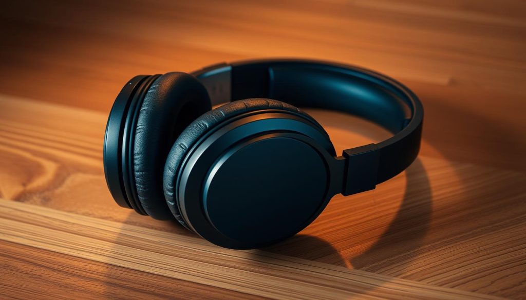 A sleek, professional-grade digital piano headphone set rests on a smooth, wooden surface. The headphones feature a modern, minimalist design with plush, adjustable ear cups and a sturdy, padded headband. Soft lighting casts a warm, atmospheric glow, highlighting the rich, natural grain of the wood and the polished metallic accents of the headphones. The scene exudes a sense of refined elegance and immersive audio experience, perfectly suited for the discerning digital piano enthusiast.