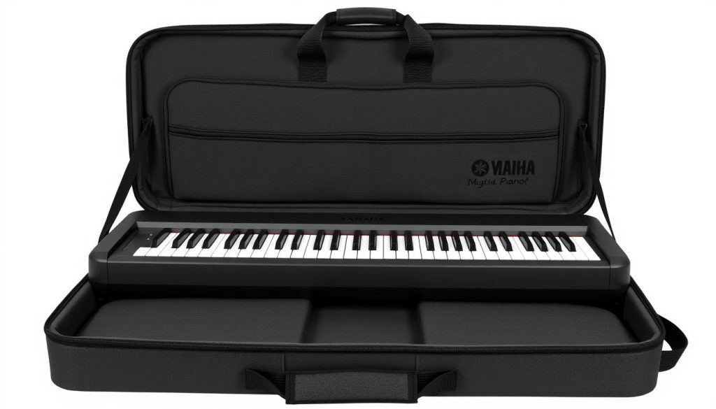 A sturdy, high-quality digital piano carrying case in a sleek, minimalist design. The case is made of durable, water-resistant material, with well-padded interior to protect the instrument during transport. It features a spacious main compartment to accommodate a Yamaha digital piano, along with additional storage pockets for accessories. The case has a comfortable, adjustable shoulder strap and sturdy handles for easy carrying. Designed with a matte black or charcoal grey color scheme, the case has a professional, understated aesthetic that complements the sophisticated look of a Yamaha digital piano. Subtle branding or embroidered logos add a touch of refinement. The case projects an impression of quality, functionality, and care for the valuable digital piano within.