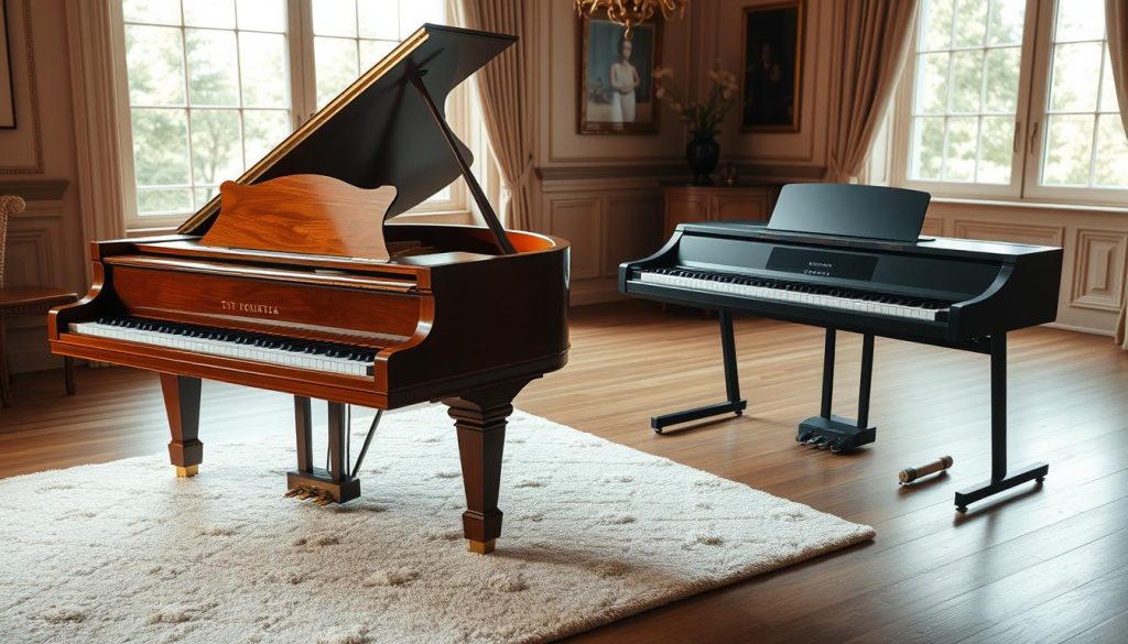 A visually engaging comparison of an acoustic piano and a digital piano, set in a cozy, elegant room. In the foreground, a polished wooden grand piano with intricate details and gleaming keys, showcasing its rich craftsmanship. Beside it, a modern digital piano with a sleek design and touch-sensitive keys, displaying its high-tech features. The middle ground features a soft rug where both pianos sit, and a large window in the background letting in warm, natural light, creating a inviting ambiance. The lighting is soft and diffuse, enhancing the textures of both instruments. The atmosphere is serene and reflective, encouraging appreciation of both piano types. No text, watermarks, or additional elements, just a pure focus on the instruments.