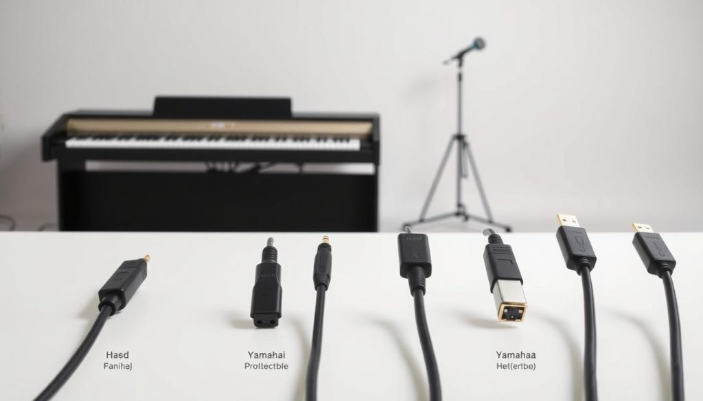 Detailed high-resolution comparison of MIDI cables for Yamaha keyboards. Showcase 5 different Yamaha MIDI cables in the foreground, arranged neatly on a clean white surface, each cable labeled with its key features. Soft, natural lighting illuminates the cables, highlighting their construction and connectors. In the middle ground, a Yamaha digital piano is visible, showcasing the cables in use. The background is a simple studio setup with a plain gray backdrop, creating a professional, informative atmosphere. Detailed high-resolution comparison of MIDI cables for Yamaha keyboards. Showcase 5 different Yamaha MIDI cables in the foreground, arranged neatly on a clean white surface, each cable labeled with its key features. Soft, natural lighting illuminates the cables, highlighting their construction and connectors. In the middle ground, a Yamaha digital piano is visible, showcasing the cables in use. The background is a simple studio setup with a plain gray backdrop, creating a professional, informative atmosphere.