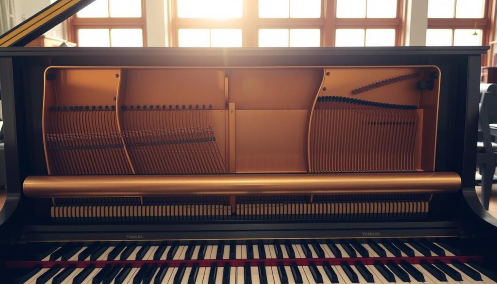 Detailed interior view of a Yamaha upright piano, showcasing the acoustic sound system. In the foreground, the piano's internal structure and components are prominently displayed, including the soundboard, strings, and dampers. The middle ground features the piano's resonant chamber, highlighting the carefully engineered acoustics that enhance the instrument's tonal quality. The background subtly suggests the piano's placement within a well-appointed music studio, with natural lighting filtering in through large windows, creating a warm and inviting atmosphere. The overall composition emphasizes the intricate design and craftsmanship that contribute to the Yamaha upright piano's renowned acoustic performance. Detailed interior view of a Yamaha upright piano, showcasing the acoustic sound system. In the foreground, the piano's internal structure and components are prominently displayed, including the soundboard, strings, and dampers. The middle ground features the piano's resonant chamber, highlighting the carefully engineered acoustics that enhance the instrument's tonal quality. The background subtly suggests the piano's placement within a well-appointed music studio, with natural lighting filtering in through large windows, creating a warm and inviting atmosphere. The overall composition emphasizes the intricate design and craftsmanship that contribute to the Yamaha upright piano's renowned acoustic performance.