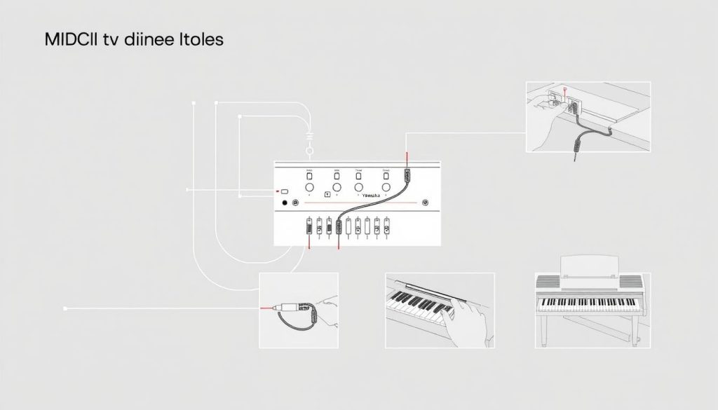 Detailed schematic diagram of MIDI cable installation, showcasing the step-by-step process. Crisp, technical illustration with clean lines and muted tones, capturing the intricate wiring and connection points. Neutral, informative lighting accentuates the components, allowing for clear visualization of the setup. Carefully angled shots from multiple perspectives provide a comprehensive understanding of the installation process. The overall mood is professional and instructional, guiding the viewer through the essential elements of properly connecting MIDI cables to a Yamaha piano. Detailed schematic diagram of MIDI cable installation, showcasing the step-by-step process. Crisp, technical illustration with clean lines and muted tones, capturing the intricate wiring and connection points. Neutral, informative lighting accentuates the components, allowing for clear visualization of the setup. Carefully angled shots from multiple perspectives provide a comprehensive understanding of the installation process. The overall mood is professional and instructional, guiding the viewer through the essential elements of properly connecting MIDI cables to a Yamaha piano.