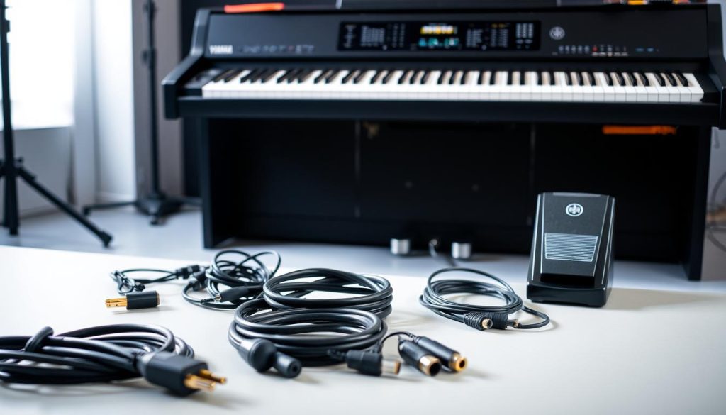 Meticulously crafted Yamaha CP88 stage accessories displayed in a well-lit, professional studio setting. In the foreground, a collection of cables, adapters, and connectors arranged neatly. In the middle ground, a sturdy keyboard stand and a high-quality sustain pedal. In the background, a sleek, black Yamaha CP88 digital piano, its sophisticated controls and modern design accentuated by the studio lighting. The overall atmosphere conveys a sense of high-quality, stage-ready equipment, suitable for the discerning musician.