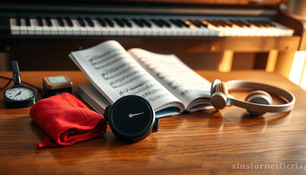 A beautifully arranged flat lay showcasing essential piano accessories for beginners, featuring a quality keyboard cleaning cloth, a metronome, a music stand, and a pair of comfortable headphones. The foreground highlights the accessories in vibrant colors against a rich wooden table surface, creating a warm and inviting atmosphere. In the middle, a glossy sheet music book opens with visible notes, suggesting readiness for practice. The background softly blurs with a glimpse of a modern digital piano, illuminated by soft, natural light coming from a nearby window, casting gentle shadows and creating a serene mood. The lens focus captures details with a shallow depth of field, emphasizing the accessories while providing a harmonious and aspirational feel. A beautifully arranged flat lay showcasing essential piano accessories for beginners, featuring a quality keyboard cleaning cloth, a metronome, a music stand, and a pair of comfortable headphones. The foreground highlights the accessories in vibrant colors against a rich wooden table surface, creating a warm and inviting atmosphere. In the middle, a glossy sheet music book opens with visible notes, suggesting readiness for practice. The background softly blurs with a glimpse of a modern digital piano, illuminated by soft, natural light coming from a nearby window, casting gentle shadows and creating a serene mood. The lens focus captures details with a shallow depth of field, emphasizing the accessories while providing a harmonious and aspirational feel.