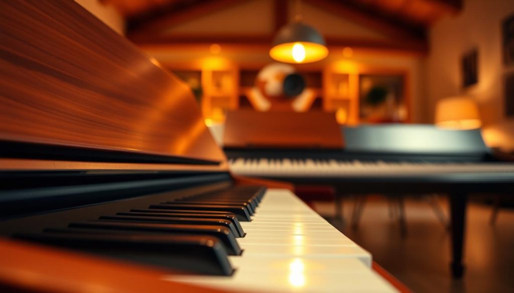 A beautifully designed digital piano prominently displayed in the foreground, showcasing a polished wooden finish and sleek, modern keys. The focus on the keys highlights their tactile quality, with a hand gently touching the keys, conveying a sense of connection and care. In the middle ground, a soft glow emanates from the piano, emphasizing the richness of its sound quality. In the background, a blurred room setting with warm lighting creates an inviting atmosphere, suggesting a cozy musical space. The scene is shot at a slight angle, capturing both the piano's elegance and the warm ambiance, evoking feelings of inspiration and passion for music. The overall mood is serene and focused, ideal for beginners exploring the importance of touch and sound in digital pianos. A beautifully designed digital piano prominently displayed in the foreground, showcasing a polished wooden finish and sleek, modern keys. The focus on the keys highlights their tactile quality, with a hand gently touching the keys, conveying a sense of connection and care. In the middle ground, a soft glow emanates from the piano, emphasizing the richness of its sound quality. In the background, a blurred room setting with warm lighting creates an inviting atmosphere, suggesting a cozy musical space. The scene is shot at a slight angle, capturing both the piano's elegance and the warm ambiance, evoking feelings of inspiration and passion for music. The overall mood is serene and focused, ideal for beginners exploring the importance of touch and sound in digital pianos.