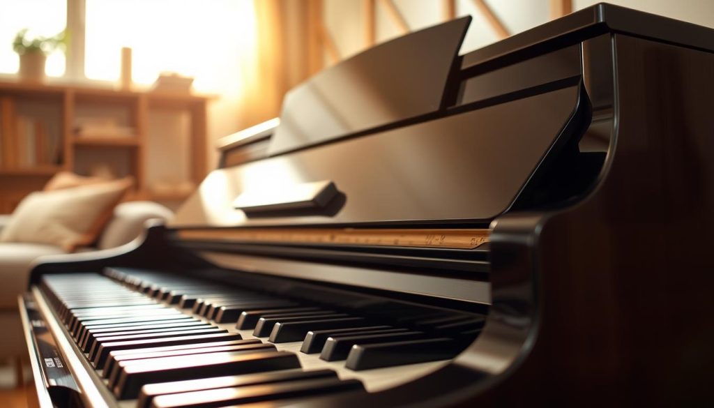 A beautifully detailed Yamaha Arius P145 digital piano positioned prominently in a cozy, modern living room setting. The piano's glossy black finish reflects subtle light, highlighting its elegant curves and key components. In the foreground, the piano keyboard is visible with slightly open keys, inviting the viewer to imagine playing it. The background features warm wooden accents and soft natural light streaming through a window, creating an inviting atmosphere. The lighting is soft with a hint of golden hour warmth, enhancing the piano's classic design. The angle captures the front and side of the instrument, emphasizing its stature and sophistication, while adding a sense of intimacy to the scene. The overall mood is that of inspiration and creativity, perfect for musical exploration. A beautifully detailed Yamaha Arius P145 digital piano positioned prominently in a cozy, modern living room setting. The piano's glossy black finish reflects subtle light, highlighting its elegant curves and key components. In the foreground, the piano keyboard is visible with slightly open keys, inviting the viewer to imagine playing it. The background features warm wooden accents and soft natural light streaming through a window, creating an inviting atmosphere. The lighting is soft with a hint of golden hour warmth, enhancing the piano's classic design. The angle captures the front and side of the instrument, emphasizing its stature and sophistication, while adding a sense of intimacy to the scene. The overall mood is that of inspiration and creativity, perfect for musical exploration.