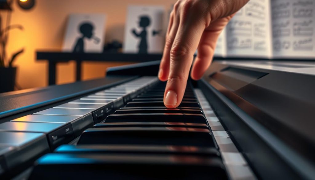 A close-up view of a digital piano keyboard showcasing the intricate details of the keys and their mechanics. In the foreground, focus on a hand gently pressing down a key, emphasizing the tactile response and nuanced touch. The middle ground features the sleek design of the digital piano, highlighting the contrast between glossy black and matte silver finishes. In the background, softly blurred silhouettes of music sheets and a stylish, minimalist room setting create an inviting atmosphere. Soft, warm lighting enhances the textures of the keys, casting gentle shadows that evoke a sense of warmth and intimacy. The image conveys the importance of touch sensitivity and the mechanics of the keyboard, underscoring a deeper connection to music. A close-up view of a digital piano keyboard showcasing the intricate details of the keys and their mechanics. In the foreground, focus on a hand gently pressing down a key, emphasizing the tactile response and nuanced touch. The middle ground features the sleek design of the digital piano, highlighting the contrast between glossy black and matte silver finishes. In the background, softly blurred silhouettes of music sheets and a stylish, minimalist room setting create an inviting atmosphere. Soft, warm lighting enhances the textures of the keys, casting gentle shadows that evoke a sense of warmth and intimacy. The image conveys the importance of touch sensitivity and the mechanics of the keyboard, underscoring a deeper connection to music.