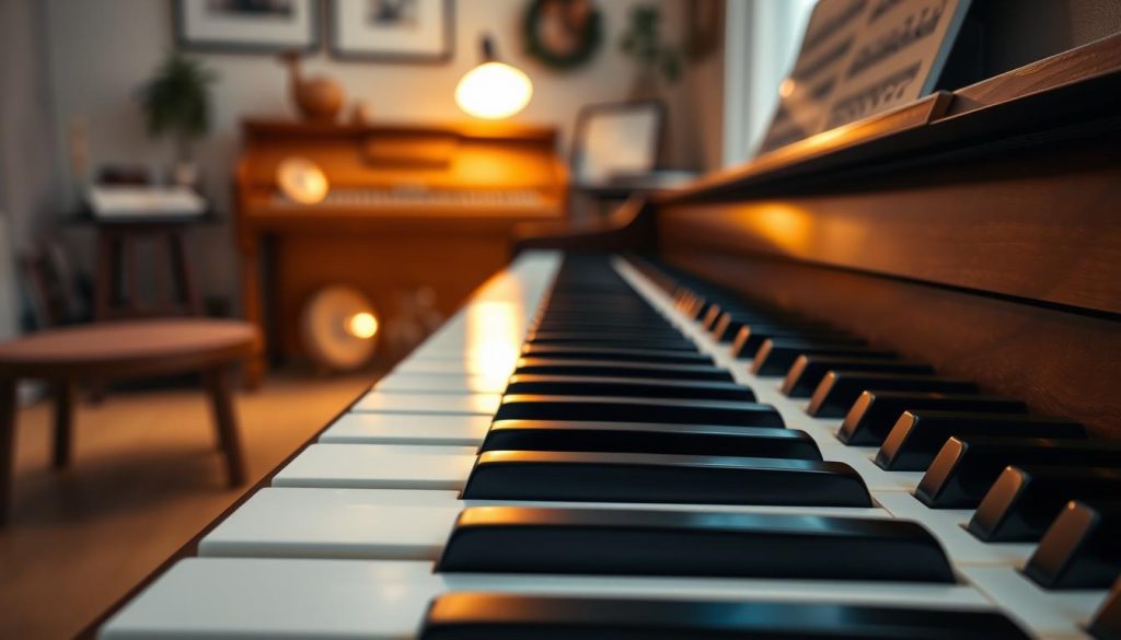 A close-up view of an elegant 88-key digital piano, showcasing the intricate details of its keys, which gleam under soft, warm lighting. The foreground features the black and white keys, highlighting their polished surfaces and responsiveness. In the middle ground, a stylish wooden piano body adds a touch of sophistication, emphasizing the quality of craftsmanship. The background is softly blurred, featuring a cozy music room with subtle decor, such as sheet music stands and ambient lighting, evoking a serene atmosphere ideal for music practice. The image should exemplify modern design while capturing the essence of a classic piano, focusing on the interplay of light and shadow to enhance its inviting appeal. A close-up view of an elegant 88-key digital piano, showcasing the intricate details of its keys, which gleam under soft, warm lighting. The foreground features the black and white keys, highlighting their polished surfaces and responsiveness. In the middle ground, a stylish wooden piano body adds a touch of sophistication, emphasizing the quality of craftsmanship. The background is softly blurred, featuring a cozy music room with subtle decor, such as sheet music stands and ambient lighting, evoking a serene atmosphere ideal for music practice. The image should exemplify modern design while capturing the essence of a classic piano, focusing on the interplay of light and shadow to enhance its inviting appeal.