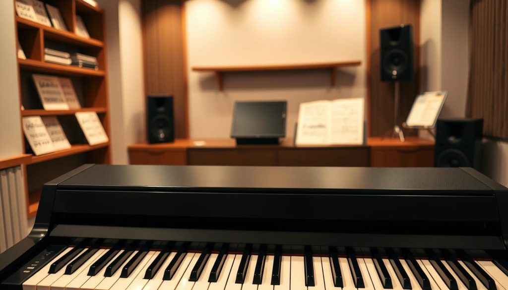 A dynamic digital piano sits prominently in the foreground, showcasing its sleek, modern design with a polished black finish and ivory keys. Soft, ambient light gently illuminates the instrument, highlighting the subtle curves and intricate details of the keyboard. In the middle ground, a pair of hands, dressed in professional attire, elegantly glide across the keys, suggesting artistry and emotion in performance. The backdrop features a softly blurred music studio, complete with shelves of musical scores and stylish acoustic panels, adding depth to the scene. The atmosphere is warm and inviting, evoking a sense of rich musical expression and creativity, ideal for illustrating the concept of dynamic sensitivity in a digital piano. A dynamic digital piano sits prominently in the foreground, showcasing its sleek, modern design with a polished black finish and ivory keys. Soft, ambient light gently illuminates the instrument, highlighting the subtle curves and intricate details of the keyboard. In the middle ground, a pair of hands, dressed in professional attire, elegantly glide across the keys, suggesting artistry and emotion in performance. The backdrop features a softly blurred music studio, complete with shelves of musical scores and stylish acoustic panels, adding depth to the scene. The atmosphere is warm and inviting, evoking a sense of rich musical expression and creativity, ideal for illustrating the concept of dynamic sensitivity in a digital piano.