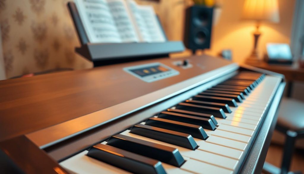 A high-quality digital piano keyboard placed front and center against a soft, blurred background of a cozy, well-lit music studio. The keyboard showcases rich mahogany wood accents, gleaming black and white keys with a slight sheen, hinting at their premium quality. Subtle reflections of ambient light create an inviting and inspiring atmosphere, capturing the essence of a music-making environment. In the background, soft-focus elements like music sheets on a stand and a softly lit lamp add depth without detracting from the keyboard. The angle is slightly above eye level, emphasizing the elegance and sophistication of the instrument. The lighting is warm and inviting, enhancing the natural textures of the keyboard, while creating a sense of professional artistry. A high-quality digital piano keyboard placed front and center against a soft, blurred background of a cozy, well-lit music studio. The keyboard showcases rich mahogany wood accents, gleaming black and white keys with a slight sheen, hinting at their premium quality. Subtle reflections of ambient light create an inviting and inspiring atmosphere, capturing the essence of a music-making environment. In the background, soft-focus elements like music sheets on a stand and a softly lit lamp add depth without detracting from the keyboard. The angle is slightly above eye level, emphasizing the elegance and sophistication of the instrument. The lighting is warm and inviting, enhancing the natural textures of the keyboard, while creating a sense of professional artistry.