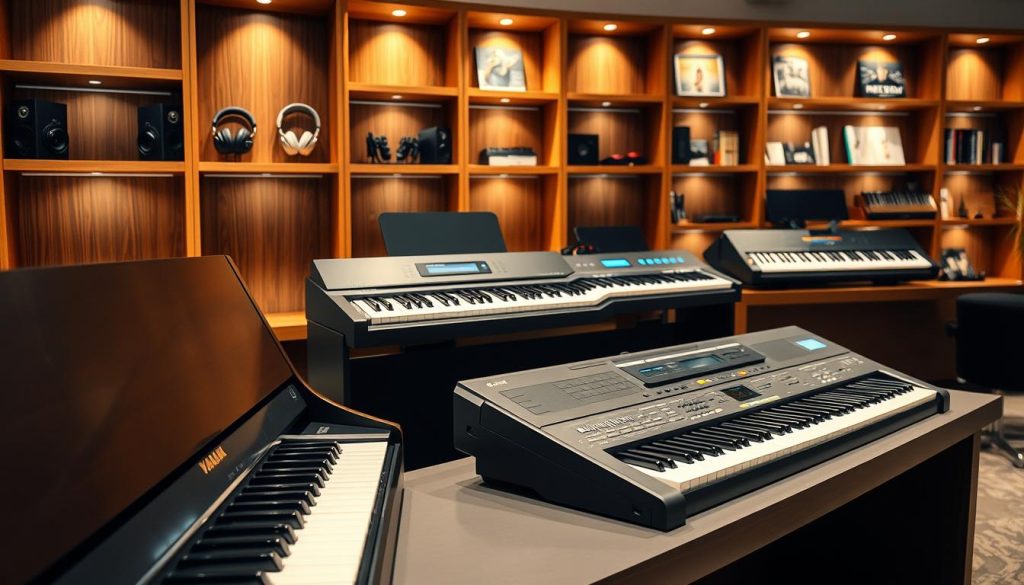 A high-resolution scene showcasing a variety of digital pianos from leading brands, arranged aesthetically on a sleek, modern display. The foreground features a Yamaha pianos with smooth curves and a polished finish, while a Roland model with illuminated keys is positioned next to it. In the middle ground, a Korg piano adds a vibrant touch with its unique design. The background includes elegant wooden shelving displaying accessories like headphones and music books, bathed in soft, warm lighting to create an inviting atmosphere. The image is captured at a slight angle with depth of field to highlight the instruments, evoking a sense of musical passion and innovation. The mood is professional yet approachable, appealing to both beginner and experienced musicians. A high-resolution scene showcasing a variety of digital pianos from leading brands, arranged aesthetically on a sleek, modern display. The foreground features a Yamaha pianos with smooth curves and a polished finish, while a Roland model with illuminated keys is positioned next to it. In the middle ground, a Korg piano adds a vibrant touch with its unique design. The background includes elegant wooden shelving displaying accessories like headphones and music books, bathed in soft, warm lighting to create an inviting atmosphere. The image is captured at a slight angle with depth of field to highlight the instruments, evoking a sense of musical passion and innovation. The mood is professional yet approachable, appealing to both beginner and experienced musicians.