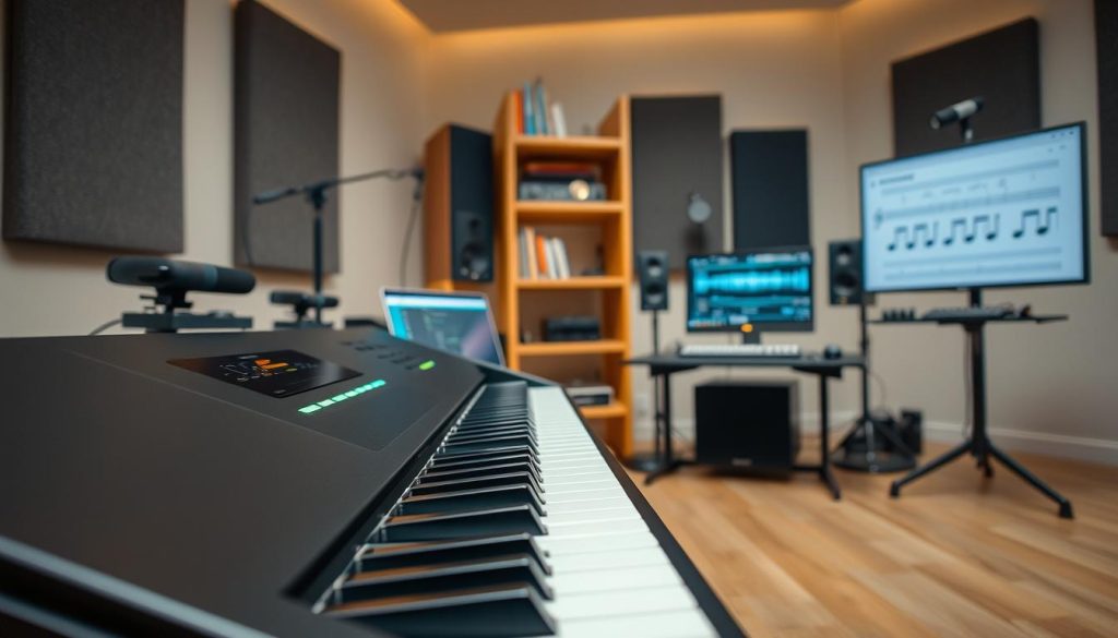 A modern audio sampling setup featuring a digital piano, elegantly placed in a softly lit room with a warm atmosphere. In the foreground, focus on the sleek design of the digital piano with illuminated keys, conveying a sense of high-tech innovation. In the middle, include various recording equipment like a laptop with sound analysis software open, audio interfaces, and microphones, capturing the essence of sound sampling. In the background, add a stylish bookshelf with music theory books and acoustic panels on the wall to enhance the sound environment. Use soft, diffused lighting to create an inviting ambiance, showcasing a professional yet creative workspace, shot from a slightly elevated angle to encompass the entire scene. A modern audio sampling setup featuring a digital piano, elegantly placed in a softly lit room with a warm atmosphere. In the foreground, focus on the sleek design of the digital piano with illuminated keys, conveying a sense of high-tech innovation. In the middle, include various recording equipment like a laptop with sound analysis software open, audio interfaces, and microphones, capturing the essence of sound sampling. In the background, add a stylish bookshelf with music theory books and acoustic panels on the wall to enhance the sound environment. Use soft, diffused lighting to create an inviting ambiance, showcasing a professional yet creative workspace, shot from a slightly elevated angle to encompass the entire scene.