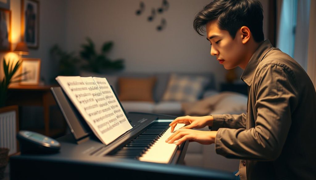A serene and focused scene depicting a beginner pianist engaged in active listening while practicing at a digital piano. In the foreground, the pianist, a young adult in modest, professional attire, leans slightly over the keyboard, eyes closed, conveying deep concentration. The middle ground features sheet music with annotations and a metronome, symbolizing the importance of rhythm and consistency in practice. The background softly blurs out to reveal a cozy, well-lit room with musical notes subtly decorating the walls, enhancing the atmosphere of focused study. The soft glow from warm lighting casts gentle shadows, creating a calm and inviting mood, ideal for fostering concentration and growth in musical skills. A serene and focused scene depicting a beginner pianist engaged in active listening while practicing at a digital piano. In the foreground, the pianist, a young adult in modest, professional attire, leans slightly over the keyboard, eyes closed, conveying deep concentration. The middle ground features sheet music with annotations and a metronome, symbolizing the importance of rhythm and consistency in practice. The background softly blurs out to reveal a cozy, well-lit room with musical notes subtly decorating the walls, enhancing the atmosphere of focused study. The soft glow from warm lighting casts gentle shadows, creating a calm and inviting mood, ideal for fostering concentration and growth in musical skills.