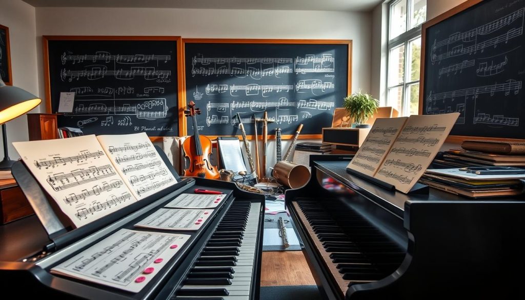 A serene and organized music theory workspace featuring a grand piano in the foreground, elegantly displaying sheet music with notations and scales. In the middle, a vibrant array of musical instruments such as a violin and flute, along with color-coded musical notes scattered around. The background should depict a cozy room with soft lighting filtering through a large window, casting warm shadows. A chalkboard filled with music theory diagrams and staff notation adds educational context. The atmosphere evokes a focused yet inspiring mood, ideal for learning music theory. Use a wide-angle lens to capture the entire scene, emphasizing the harmony between the instruments and the study space. A serene and organized music theory workspace featuring a grand piano in the foreground, elegantly displaying sheet music with notations and scales. In the middle, a vibrant array of musical instruments such as a violin and flute, along with color-coded musical notes scattered around. The background should depict a cozy room with soft lighting filtering through a large window, casting warm shadows. A chalkboard filled with music theory diagrams and staff notation adds educational context. The atmosphere evokes a focused yet inspiring mood, ideal for learning music theory. Use a wide-angle lens to capture the entire scene, emphasizing the harmony between the instruments and the study space.