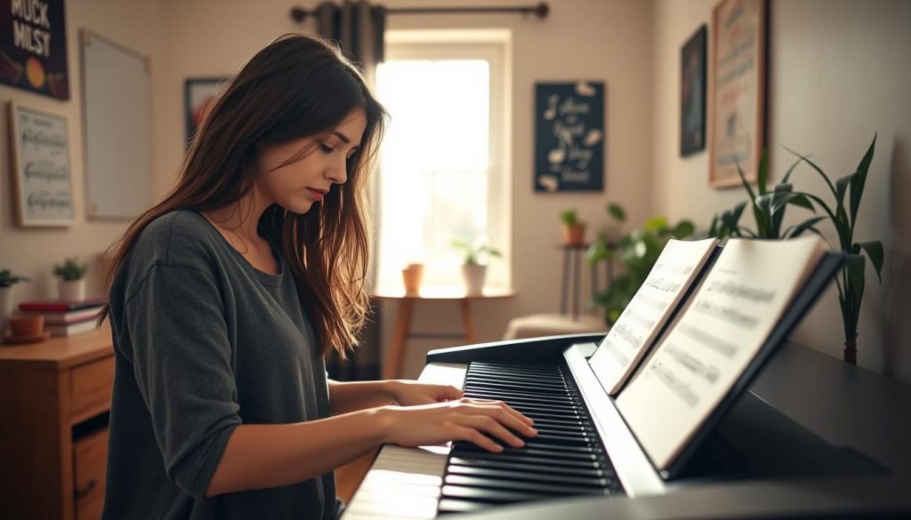A serene home environment featuring a beginner pianist, a woman in casual, comfortable clothing, seated at a digital piano. In the foreground, the pianist focuses intently on sheet music resting on a music stand, illustrating an expression of concentration mixed with frustration. In the middle ground, a softly lit cozy room is adorned with inspirational music posters and a few houseplants, creating a calming atmosphere. In the background, a window allows gentle daylight to stream in, casting warm shadows across the room. The overall composition should evoke a sense of mindful learning and the importance of patience in mastering musical pieces. The lighting should be bright but soft, capturing the tranquility of focused practice. A serene home environment featuring a beginner pianist, a woman in casual, comfortable clothing, seated at a digital piano. In the foreground, the pianist focuses intently on sheet music resting on a music stand, illustrating an expression of concentration mixed with frustration. In the middle ground, a softly lit cozy room is adorned with inspirational music posters and a few houseplants, creating a calming atmosphere. In the background, a window allows gentle daylight to stream in, casting warm shadows across the room. The overall composition should evoke a sense of mindful learning and the importance of patience in mastering musical pieces. The lighting should be bright but soft, capturing the tranquility of focused practice.