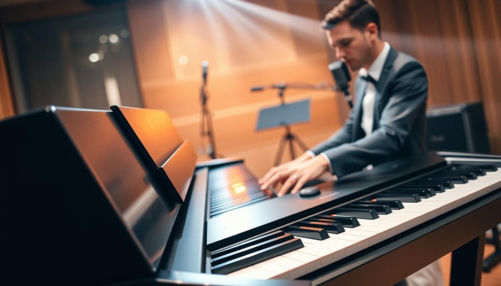 A sleek digital piano sits prominently in the foreground, showcasing its smooth black finish and illuminated keys. Its connected amplification system, with visible speakers, enhances the modern aesthetic. In the middle ground, a musician plays passionately, dressed in business casual attire, with focus on their expressive hand movements transitioning across the keys. The background features a softly blurred recording studio ambiance, with subtle lighting lending a warm, inviting atmosphere, highlighting the importance of sound amplification in music production. Soft rays of light accentuate the piano’s contours, creating a vibrant yet soothing mood. The overall composition should evoke a sense of creativity and technical sophistication, perfect for illustrating the role of amplification in sound quality. A sleek digital piano sits prominently in the foreground, showcasing its smooth black finish and illuminated keys. Its connected amplification system, with visible speakers, enhances the modern aesthetic. In the middle ground, a musician plays passionately, dressed in business casual attire, with focus on their expressive hand movements transitioning across the keys. The background features a softly blurred recording studio ambiance, with subtle lighting lending a warm, inviting atmosphere, highlighting the importance of sound amplification in music production. Soft rays of light accentuate the piano’s contours, creating a vibrant yet soothing mood. The overall composition should evoke a sense of creativity and technical sophistication, perfect for illustrating the role of amplification in sound quality.
