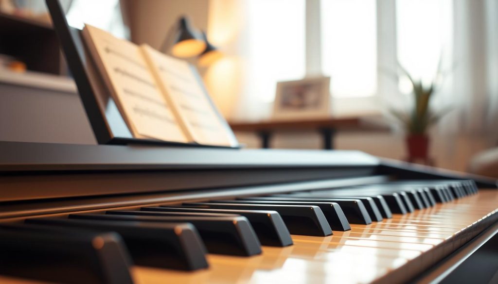 A sleek, modern Casio Privia digital piano prominently placed in the foreground, showcasing its sophisticated keys and design. The image captures a close-up of the weighted keys glistening under warm, soft lighting, emphasizing their smooth finish and elegant contours. In the middle, a well-lit room with minimalistic decor creates a cozy ambiance, featuring a stylish music stand with sheet music placed beside the piano. In the background, a blurred window lets in natural light, casting subtle shadows and highlighting the instrument’s polished surface. The mood is inviting and serene, ideal for a practice or performance setting, embodying the perfect combination of compactness and high performance in digital pianos. A sleek, modern Casio Privia digital piano prominently placed in the foreground, showcasing its sophisticated keys and design. The image captures a close-up of the weighted keys glistening under warm, soft lighting, emphasizing their smooth finish and elegant contours. In the middle, a well-lit room with minimalistic decor creates a cozy ambiance, featuring a stylish music stand with sheet music placed beside the piano. In the background, a blurred window lets in natural light, casting subtle shadows and highlighting the instrument’s polished surface. The mood is inviting and serene, ideal for a practice or performance setting, embodying the perfect combination of compactness and high performance in digital pianos.