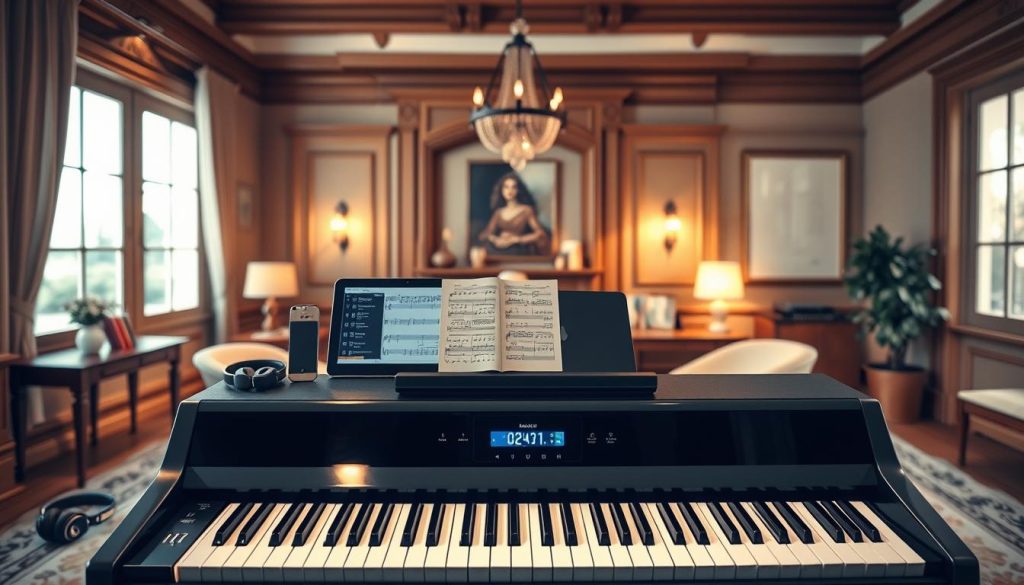 A sleek, modern digital piano sits prominently in the foreground, showcasing its elegant design and realistic keys. The piano features a glossy black finish with a digital interface illuminated by soft, ambient light. Surrounding the piano are various technology gadgets, such as a tablet displaying a music app and headphones, emphasizing its integration with modern learning tools. In the middle ground, a classically decorated room enhances the piano's contemporary look, with warm wooden accents and subtle decorative elements like sheet music and a metronome. The background has soft-focus elements, resembling a cozy music studio, with natural light streaming through large windows, creating a serene and inspiring atmosphere for learning. The overall mood is harmonious and inviting, encouraging creativity and exploration in music education. A sleek, modern digital piano sits prominently in the foreground, showcasing its elegant design and realistic keys. The piano features a glossy black finish with a digital interface illuminated by soft, ambient light. Surrounding the piano are various technology gadgets, such as a tablet displaying a music app and headphones, emphasizing its integration with modern learning tools. In the middle ground, a classically decorated room enhances the piano's contemporary look, with warm wooden accents and subtle decorative elements like sheet music and a metronome. The background has soft-focus elements, resembling a cozy music studio, with natural light streaming through large windows, creating a serene and inspiring atmosphere for learning. The overall mood is harmonious and inviting, encouraging creativity and exploration in music education.
