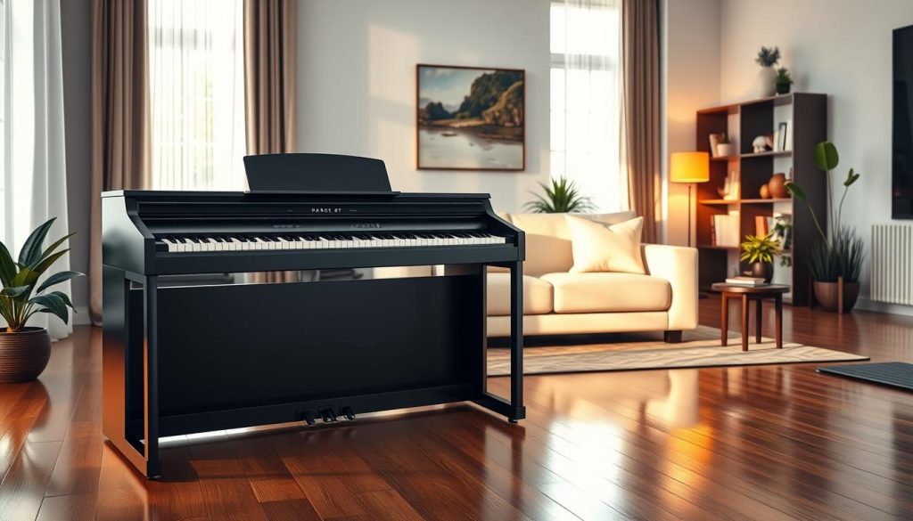 A stylish, modern digital piano placed elegantly in a contemporary living room setting. The piano is a sleek black model with a polished finish, showcasing its full 88 keys and a digital display. In the foreground, a polished wooden floor reflects soft natural light coming from large windows with sheer curtains. In the middle ground, the piano sits beside a comfortable, minimalistic sofa adorned with cozy cushions. On the wall behind, a tasteful painting adds a splash of color. In the background, potted plants and bookshelves create a warm, inviting atmosphere. The scene is illuminated with warm, ambient lighting, conveying a sense of tranquility and sophistication, ideal for home music enjoyment. A stylish, modern digital piano placed elegantly in a contemporary living room setting. The piano is a sleek black model with a polished finish, showcasing its full 88 keys and a digital display. In the foreground, a polished wooden floor reflects soft natural light coming from large windows with sheer curtains. In the middle ground, the piano sits beside a comfortable, minimalistic sofa adorned with cozy cushions. On the wall behind, a tasteful painting adds a splash of color. In the background, potted plants and bookshelves create a warm, inviting atmosphere. The scene is illuminated with warm, ambient lighting, conveying a sense of tranquility and sophistication, ideal for home music enjoyment.