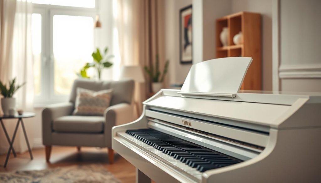 A beautifully designed Yamaha Arius digital piano showcased elegantly in a cozy, modern living room setting. The piano, in a sleek white finish, prominently occupies the foreground, highlighting its polished keys and realistic design. In the middle ground, soft natural light filters in through a nearby window, casting gentle shadows that accentuate the piano's features. A comfortable armchair sits beside it, along with a small potted plant, adding a touch of warmth to the scene. The background features subtle hints of a stylish interior, like a bookshelf or soft-colored walls, enhancing the ambiance. The atmosphere is inviting and serene, ideal for both beginners and experienced players. Aim for a warm, inviting mood with a soft focus that creates a sense of calm and creativity.