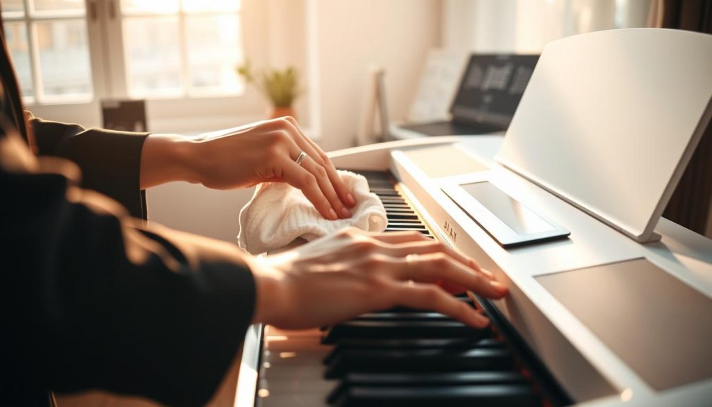 A beautifully lit scene showcasing a white digital piano in a serene home environment. In the foreground, a pair of gentle hands, dressed in professional attire, carefully clean the keys with a soft cloth. The middle ground features the elegant digital piano with its sleek design, illuminated by warm, natural light filtering through a nearby window, casting soft shadows. In the background, a well-organized workspace is visible, including music sheets and a metronome, enhancing the atmosphere of dedication and care. The overall mood is calm and focused, embodying the idea of daily maintenance and appreciation of the instrument. The image captures the essence of loving care for a digital piano, promoting a sense of harmony and musicality.
