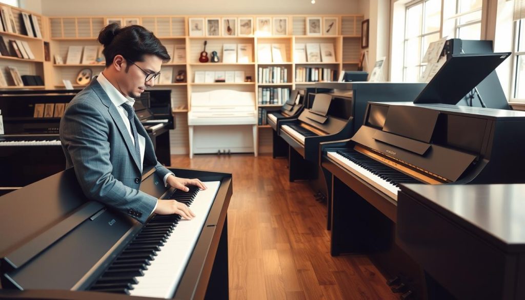 A bright, inviting music store interior showcasing a variety of used digital pianos. In the foreground, a knowledgeable sales associate in professional business attire carefully inspects a sleek, modern digital piano, focusing on its keys and display. The middle ground features several other digital pianos, some with visible wear while others appear pristine, all artfully arranged on polished wooden floors. The backdrop includes soft shelving filled with sheet music and music accessories under warm, natural lighting that creates a welcoming atmosphere. The overall mood conveys trust and professionalism dedicated to the piano-buying experience, ensuring a thorough and thoughtful inspection process.