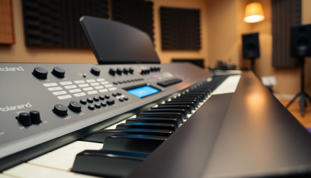 A close-up view of a digital piano, specifically a Roland model, showcasing its electronic state and connectivity options. In the foreground, the control panel is brightly illuminated, highlighting various knobs, sliders, and digital screens in sleek black and metallic colors. The middle ground features the piano keys, slightly worn but clean, with a reflective sheen catching the light. The background is softly blurred, suggesting a cozy music studio with subtle acoustic treatments and warm ambient lighting, creating an inviting atmosphere. The focus is sharp on the piano's electronic components, with a focus on their intricate details and textures, capturing both professionalism and the modernity of the technology.
