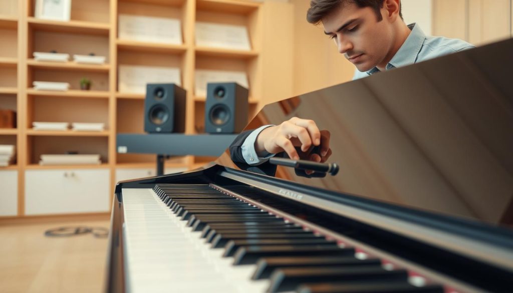 A close-up view of a hands-on piano evaluation session, featuring an elegant digital piano displayed prominently in the foreground. An individual, dressed in smart casual attire, is seated at the piano, adjusting the volume and testing the keys, with a look of focused concentration. In the middle ground, a pair of premium-quality speakers are subtly positioned beside the piano, emphasizing the sound quality assessment aspect. The background captures a softly lit room with warm tones, showcasing shelves of sheet music and piano accessories, contributing to a professional yet inviting atmosphere. The lighting is gentle, highlighting the piano's glossy finish and the individual's attentive expression, evoking a mood of care and expertise in sound evaluation.