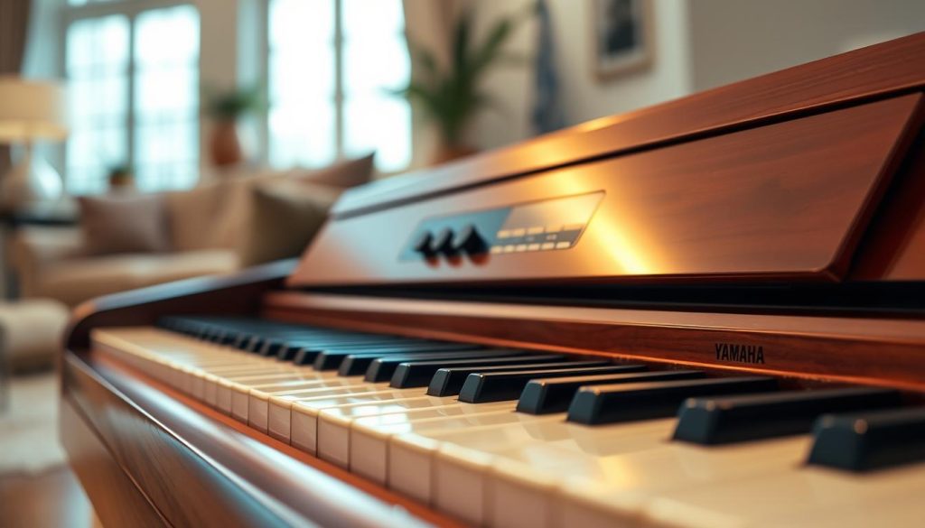 A close-up view of a high-quality Yamaha digital piano, focusing on its polished wooden finish and intricate keyboard details. The foreground shows the ivory keys glistening under soft, warm lighting that highlights their texture. In the middle, the piano’s control panel is subtly displayed, with sleek buttons and elegant knobs, emphasizing modern technology. The background features a softly blurred living room setting, with ambient light filtering through large windows, creating a cozy atmosphere. The whole composition conveys a sense of elegance and sophistication, inviting the viewer to appreciate the auditory and aesthetic quality of the instrument. The mood is tranquil and reflective, perfect for a discussion on sound quality analysis.