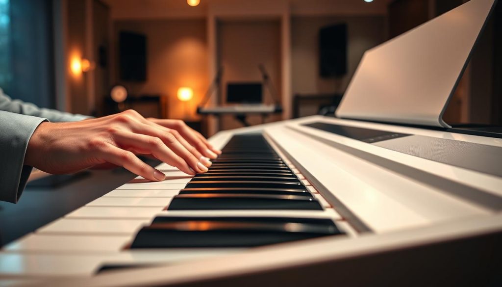 A close-up view of a sleek white digital piano keyboard, showcasing the elegant design and responsive keys that evoke a sense of touch and precision. The foreground features a pair of hands, dressed in professional attire, gently resting on the keys, emphasizing the importance of tactile feedback in playing. In the middle ground, the softly illuminated keyboard shines under warm, ambient lighting, highlighting the polished surface and the subtle textures of the keys. The background is a blurred interior of a modern music studio, with soft shadows that create a serene yet inspiring atmosphere. The overall mood is one of sophistication and creativity, inviting viewers to appreciate the artistry involved in digital piano performance.