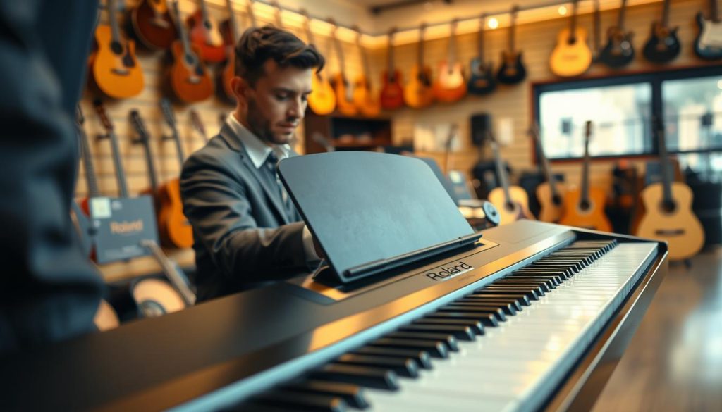 A detailed and informative scene depicting a person inspecting a used Roland digital piano. In the foreground, a professional in smart casual attire is carefully examining the keyboard, looking for quality and condition. The middle ground features the Roland digital piano with a polished finish, showcasing its keys and control panel clearly. In the background, a softly blurred music store setting, filled with various musical instruments and warm ambient lighting, creates a welcoming atmosphere. The lighting highlights the piano's sleek design and reflects off of its surface, emphasizing careful inspection. The mood is focused and analytical, conveying the important aspects of evaluating a used instrument.