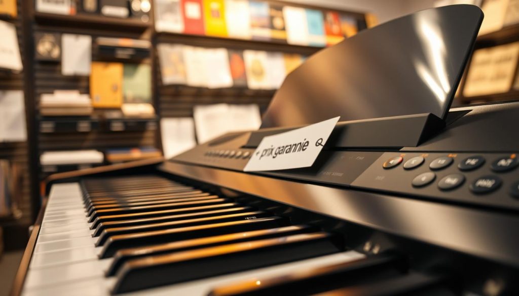 A detailed, close-up view of a digital piano in a well-lit music store setting, highlighting the price tag labeled "prix garanti" prominently displayed on the instrument. The foreground features the digital piano with polished black keys and sleek design elements. The middle ground includes shelves of music accessories and colorful sheet music, creating an inviting atmosphere. In the background, soft, warm lighting casts a gentle glow, enhancing the elegance of the scene. A subtle reflection of the store's interior on the piano’s surface adds depth. The mood is professional and focused, evoking a sense of careful consideration regarding pricing and warranty options for potential buyers.