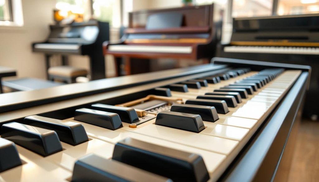 A detailed close-up view of a digital piano keyboard, showcasing the intricate mechanics of the keys in a well-lit, modern environment. In the foreground, focus on the glossy black and white keys, highlighting the subtle textures and reflections of the materials. The middle ground features a partially open action mechanism beneath the keys, revealing the internal mechanics and springs that contribute to touch sensitivity and responsiveness. In the background, softly blurred, displays a variety of digital pianos, suggesting a selection for potential buyers. Utilize natural lighting from a nearby window to create a warm and inviting atmosphere, emphasizing the elegance and precision of the keyboard. The image should evoke curiosity and a professional tone, suitable for music enthusiasts examining key features before a purchase.