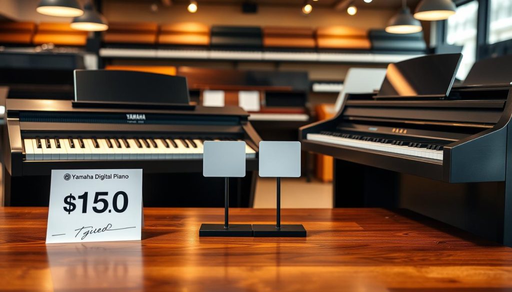 A detailed comparison of prices between a new Yamaha digital piano and a used one, visually presented on a wooden table. In the foreground, feature a sleek, modern Yamaha digital piano in pristine condition, showcasing its shiny surfaces and polished keys, contrasted with a slightly worn, older model on the other side. The middle ground emphasizes a price tag beside each piano, clearly showing the numerical difference: a higher price for the new piano and a lower price for the used one. In the background, a softly blurred music store interior, enhancing the piano-shopping atmosphere with warm, inviting lighting. Use a slightly angled perspective to create depth, focusing on the pianos while maintaining an informative, serious mood. No text or watermarks in the image.