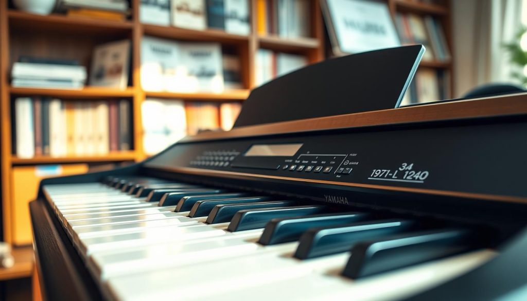 A detailed view of a Yamaha digital piano on a wooden table, prominently featuring its model and year of manufacture. In the foreground, showcase the polished keys of the piano, with soft reflections from natural light. The middle ground includes a close-up of the piano's control panel displaying various knobs and buttons, demonstrating its features. In the background, there should be a blurred bookshelf containing music books and manuals about pianos, enhancing the educational theme. The scene is illuminated with warm, soft lighting to create a cozy, inviting atmosphere, suggesting a professional evaluation space. A shallow depth of field focuses on the piano while subtly highlighting the surroundings. The overall mood is calm and thoughtful, perfect for a setting dedicated to evaluating used musical instruments.