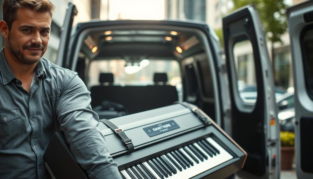 A digital piano is being carefully transported in a sturdy, padded case. In the foreground, show a professional with a focused expression, wearing casual but smart attire, lifting one end of the case. In the middle ground, include the open back of a spacious, well-organized vehicle with enough room for the piano case, emphasizing safety measures like straps securing the case. The background features an urban environment, hinting at a location where such transport might happen, with soft, natural lighting illuminating the scene, creating a sense of warmth and reliability. Capture the dedication and care involved in moving a musical instrument, while suggesting professionalism and expertise in logistics.
