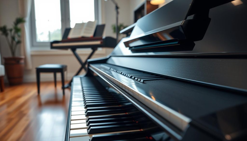 A modern Casio digital piano prominently displayed in the foreground, featuring an elegant 88-key keyboard with a textured, weighted touch. The piano is glossy black, reflecting soft ambient lighting, highlighting its sleek design. In the middle ground, there’s a stylish music stand holding sheet music, slightly blurred to focus on the piano. In the background, a cozy room setting with warm wooden floors and a large window allowing natural light to illuminate the scene, creating a serene atmosphere. The overall mood is inviting and musical, suggesting a space for practice and creativity, with a subtle hint of sophistication. The angle is slightly elevated, capturing the piano's profile and inviting the viewer into this harmonious space. A modern Casio digital piano prominently displayed in the foreground, featuring an elegant 88-key keyboard with a textured, weighted touch. The piano is glossy black, reflecting soft ambient lighting, highlighting its sleek design. In the middle ground, there’s a stylish music stand holding sheet music, slightly blurred to focus on the piano. In the background, a cozy room setting with warm wooden floors and a large window allowing natural light to illuminate the scene, creating a serene atmosphere. The overall mood is inviting and musical, suggesting a space for practice and creativity, with a subtle hint of sophistication. The angle is slightly elevated, capturing the piano's profile and inviting the viewer into this harmonious space.