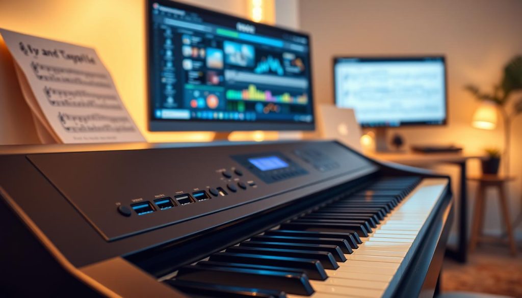 A modern digital piano positioned elegantly in a well-lit room, showcasing its connectivity features. In the foreground, focus on the piano's sleek panel with multiple USB and MIDI ports highlighted. The middle ground features a subtle blend of music software icons artistically arranged on a computer screen, illustrating compatibility with modern digital tools. In the background, a softly lit environment with piano sheet music and a cozy ambiance enhances the atmosphere. Use warm, inviting lighting to create a welcoming feel, with a shallow depth of field to emphasize the piano. Capture the image from a slight angle to highlight both the piano and the computer screen, ensuring an engaging, professional look. Avoid any text or branding.