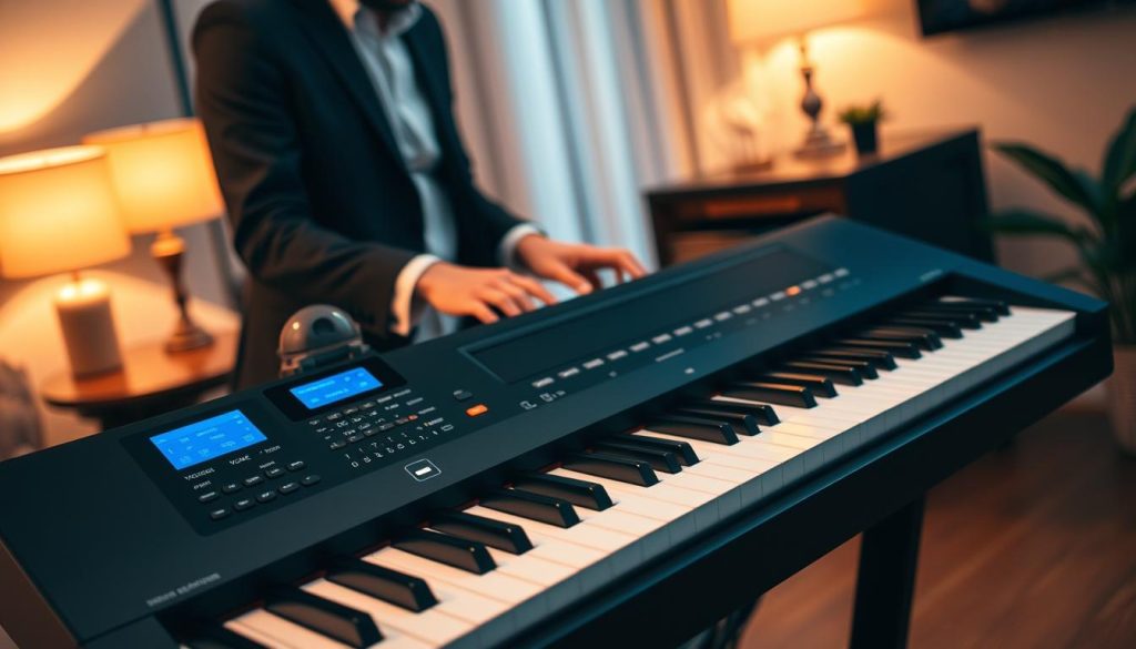 A sleek digital piano with 88 weighted keys is prominently positioned in the foreground, showcasing its modern design and user-friendly interface. The control panel features illuminated buttons and a vibrant display, with unique electronic features like voice selection, layering options, and recording capabilities clearly visible. In the middle ground, a musician, dressed in smart casual attire, is playing the piano, their fingers gracefully moving over the keys, conveying a sense of passion and creativity. The background is softly blurred, featuring a cozy room with warm lighting, musical notes subtly floating around, evoking a rich and immersive atmosphere. The overall mood reflects inspiration and innovation in electronic piano functionalities, emphasizing the connection between technology and musical expression. A sleek digital piano with 88 weighted keys is prominently positioned in the foreground, showcasing its modern design and user-friendly interface. The control panel features illuminated buttons and a vibrant display, with unique electronic features like voice selection, layering options, and recording capabilities clearly visible. In the middle ground, a musician, dressed in smart casual attire, is playing the piano, their fingers gracefully moving over the keys, conveying a sense of passion and creativity. The background is softly blurred, featuring a cozy room with warm lighting, musical notes subtly floating around, evoking a rich and immersive atmosphere. The overall mood reflects inspiration and innovation in electronic piano functionalities, emphasizing the connection between technology and musical expression.