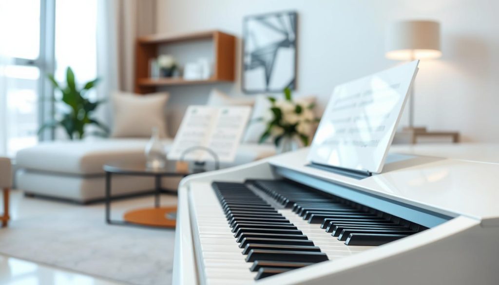 A sleek, white digital piano is prominently displayed in the foreground, showcasing its elegant curves and modern design. The piano keys are glistening under soft, diffused lighting, highlighting the polished surface and minimalist aesthetic. In the middle ground, a stylish music stand holds a sheet of music, while a potted plant adds a touch of greenery to the scene. The background features a softly blurred, contemporary living space, with neutral tones and elegant decor that emphasize the compactness and sophistication of the piano. The overall atmosphere is serene and inviting, suggesting creativity and inspiration for home musicians. The image is captured with a wide-angle lens, providing a sense of openness and highlighting the seamless integration of the piano within the stylish environment.