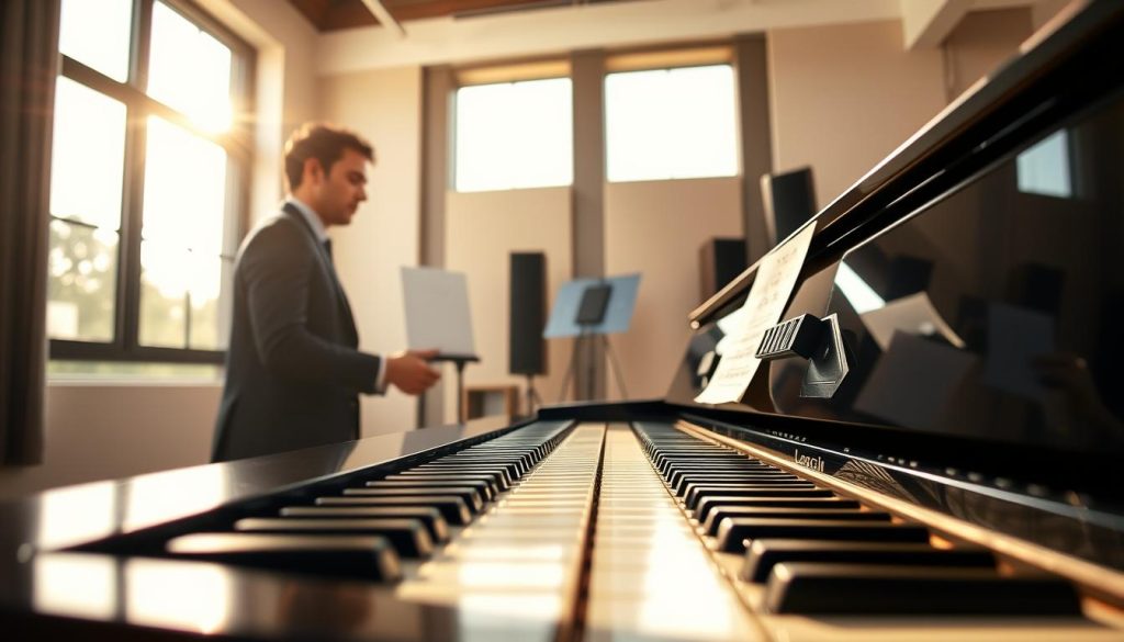 A sophisticated scene showcasing a digital piano with 88 weighted keys in a well-lit, modern practice room. In the foreground, the glossy ebony finish of the piano reflects soft, natural light streaming in through large windows. The middle ground features a skilled musician, dressed in smart casual attire, deeply engaged in playing, with sheet music positioned on the piano stand, showing snippets of piano notes. The background reveals a minimalist decor, including a music stand and acoustic panels to enhance sound quality. The atmosphere is focused and inspiring, evoking a sense of dedication and creativity, ideal for highlighting selection criteria for digital pianos based on practice levels. The image should be captured from a slight angle, showcasing both the musician’s concentration and the elegant design of the piano, with warm light creating an inviting ambiance. A sophisticated scene showcasing a digital piano with 88 weighted keys in a well-lit, modern practice room. In the foreground, the glossy ebony finish of the piano reflects soft, natural light streaming in through large windows. The middle ground features a skilled musician, dressed in smart casual attire, deeply engaged in playing, with sheet music positioned on the piano stand, showing snippets of piano notes. The background reveals a minimalist decor, including a music stand and acoustic panels to enhance sound quality. The atmosphere is focused and inspiring, evoking a sense of dedication and creativity, ideal for highlighting selection criteria for digital pianos based on practice levels. The image should be captured from a slight angle, showcasing both the musician’s concentration and the elegant design of the piano, with warm light creating an inviting ambiance.