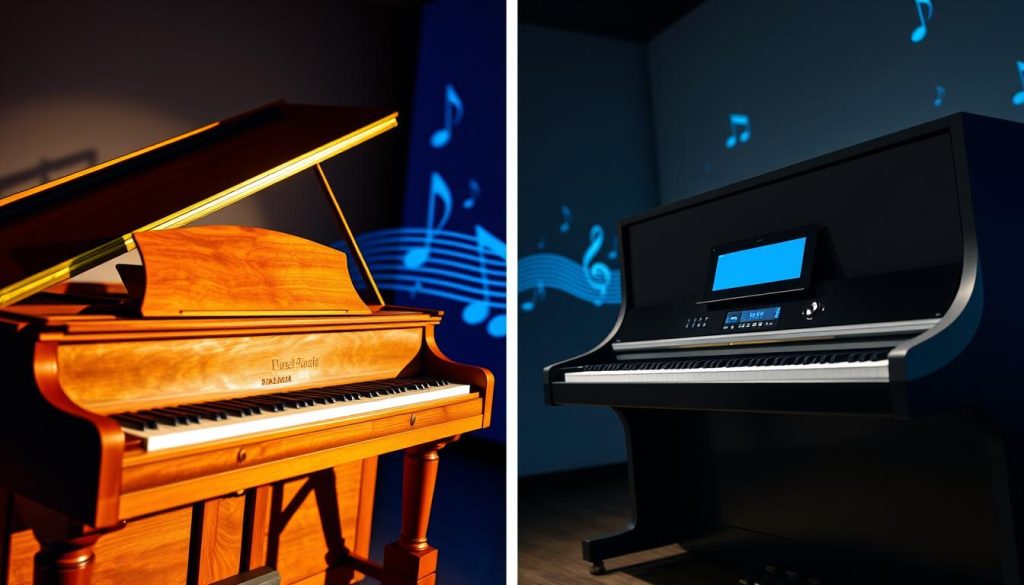 A well-lit, split-screen image illustrating the differences between acoustic and digital pianos. The left side features a traditional acoustic piano, showcasing rich, polished wood with visible keys and an open lid revealing the strings, illuminated by warm, natural light. The right side displays a sleek, modern digital piano, emphasizing its minimalist design, with digital displays and customizable settings, under cool, artificial lighting. In the background, soft, blurred images of musical notes and sound waves blend, symbolizing the essence of music. The atmosphere is inviting and educational, highlighting the contrast between the organic tones of the acoustic piano and the digital versatility of the modern instrument. The perspective should be eye-level, capturing both instruments in detail without distortion. A well-lit, split-screen image illustrating the differences between acoustic and digital pianos. The left side features a traditional acoustic piano, showcasing rich, polished wood with visible keys and an open lid revealing the strings, illuminated by warm, natural light. The right side displays a sleek, modern digital piano, emphasizing its minimalist design, with digital displays and customizable settings, under cool, artificial lighting. In the background, soft, blurred images of musical notes and sound waves blend, symbolizing the essence of music. The atmosphere is inviting and educational, highlighting the contrast between the organic tones of the acoustic piano and the digital versatility of the modern instrument. The perspective should be eye-level, capturing both instruments in detail without distortion.