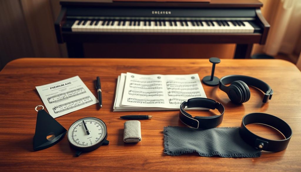 A beautifully arranged flat lay of essential piano accessories on a polished wooden surface. In the foreground, display a metronome with a classic design, a set of premium piano sheet music, and a high-quality cleaning cloth. The middle ground features a stylish piano bench, elegantly designed headphones, and a small stand for sheet music, all artfully positioned. In the background, a sleek digital piano showcases its keys, with soft ambient lighting highlighting the craftsmanship. The atmosphere is warm and inviting, suitable for a musical setting, evoking a sense of professionalism and elegance. Use a soft focus to create depth, and ensure the lighting is gentle yet revealing, reminiscent of a cozy practice studio. A beautifully arranged flat lay of essential piano accessories on a polished wooden surface. In the foreground, display a metronome with a classic design, a set of premium piano sheet music, and a high-quality cleaning cloth. The middle ground features a stylish piano bench, elegantly designed headphones, and a small stand for sheet music, all artfully positioned. In the background, a sleek digital piano showcases its keys, with soft ambient lighting highlighting the craftsmanship. The atmosphere is warm and inviting, suitable for a musical setting, evoking a sense of professionalism and elegance. Use a soft focus to create depth, and ensure the lighting is gentle yet revealing, reminiscent of a cozy practice studio.