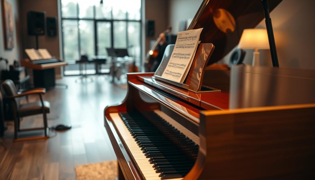 A beautifully designed hybrid piano sits prominently in the foreground, showcasing its elegant blend of traditional wood and modern digital elements. The piano features natural wood accents and sleek digital displays, emphasizing its fusion of classic and contemporary design. In the middle ground, a subtle reflection of sheet music on the piano’s polished surface glimmers in soft, inviting lighting. Behind the piano, a softly blurred modern music studio setting is filled with ambient light filtering through large windows, highlighting various instruments and sound equipment in muted tones. The overall atmosphere is warm and inspiring, evoking creativity and sophistication, while the angle captures the piano side-on, inviting the viewer to appreciate its unique hybrid craftsmanship. A beautifully designed hybrid piano sits prominently in the foreground, showcasing its elegant blend of traditional wood and modern digital elements. The piano features natural wood accents and sleek digital displays, emphasizing its fusion of classic and contemporary design. In the middle ground, a subtle reflection of sheet music on the piano’s polished surface glimmers in soft, inviting lighting. Behind the piano, a softly blurred modern music studio setting is filled with ambient light filtering through large windows, highlighting various instruments and sound equipment in muted tones. The overall atmosphere is warm and inspiring, evoking creativity and sophistication, while the angle captures the piano side-on, inviting the viewer to appreciate its unique hybrid craftsmanship.