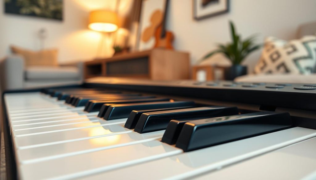 A close-up view of a compact digital piano keyboard showcasing its mechanical keys and intricate sound quality features. The foreground highlights the meticulously designed keys, with soft lighting emphasizing their texture and responsiveness. In the middle ground, a subtle reflection of sound waves can be integrated, illustrating the acoustic richness and clarity. The background is softly blurred, featuring a cozy room setting, adorned with minimalistic furniture, hinting at the practicality of small spaces. The overall atmosphere is warm and inviting, suggesting a perfect balance of elegance and functionality. The image captures the essence of essential criteria for selecting a musical instrument suited for compact living, without any text or distractions. A close-up view of a compact digital piano keyboard showcasing its mechanical keys and intricate sound quality features. The foreground highlights the meticulously designed keys, with soft lighting emphasizing their texture and responsiveness. In the middle ground, a subtle reflection of sound waves can be integrated, illustrating the acoustic richness and clarity. The background is softly blurred, featuring a cozy room setting, adorned with minimalistic furniture, hinting at the practicality of small spaces. The overall atmosphere is warm and inviting, suggesting a perfect balance of elegance and functionality. The image captures the essence of essential criteria for selecting a musical instrument suited for compact living, without any text or distractions.