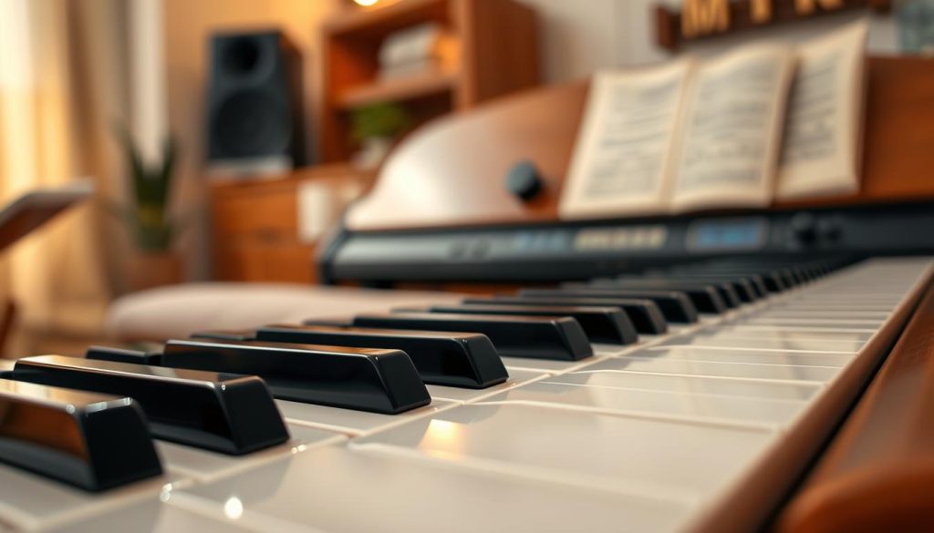A close-up view of the keys of a high-end digital piano, showcasing the quality of the touch and mechanics. The image should have a soft, warm lighting that highlights the craftsmanship of the keys, with a focus on their smooth surfaces and slight reflections. In the foreground, the glistening ebony and ivory keys are perfectly aligned, inviting the viewer to appreciate their tactile nature. In the middle ground, a subtle bokeh effect blurs the surrounding wood finish of the piano body and elegant controls, emphasizing the keys themselves. The background features a softly lit, modern music room with hints of sheet music and a hint of decor, evoking a comforting, artistic atmosphere. A close-up view of the keys of a high-end digital piano, showcasing the quality of the touch and mechanics. The image should have a soft, warm lighting that highlights the craftsmanship of the keys, with a focus on their smooth surfaces and slight reflections. In the foreground, the glistening ebony and ivory keys are perfectly aligned, inviting the viewer to appreciate their tactile nature. In the middle ground, a subtle bokeh effect blurs the surrounding wood finish of the piano body and elegant controls, emphasizing the keys themselves. The background features a softly lit, modern music room with hints of sheet music and a hint of decor, evoking a comforting, artistic atmosphere.