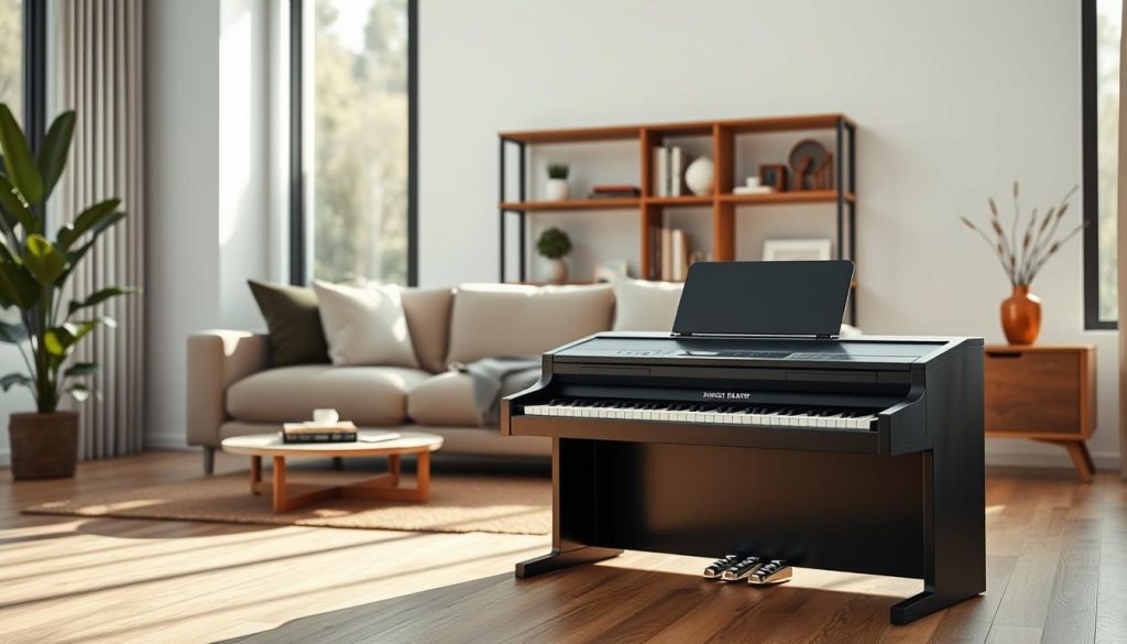 A compact digital piano in a stylish furniture design, elegantly displayed in a modern living room setting. The foreground features the sleek digital piano with polished keys and a minimalistic control panel. The middle ground includes a cozy sofa and a tasteful wooden shelf with music books and decorative items, symbolizing a harmonious atmosphere. The background shows a well-lit room with large windows allowing natural light to flood in, enhancing the inviting vibe. The mood is serene and focused, ideal for music practice. The image should be captured from a slightly elevated angle, emphasizing the piano as a centerpiece while maintaining a warm color palette that conveys comfort and sophistication. A compact digital piano in a stylish furniture design, elegantly displayed in a modern living room setting. The foreground features the sleek digital piano with polished keys and a minimalistic control panel. The middle ground includes a cozy sofa and a tasteful wooden shelf with music books and decorative items, symbolizing a harmonious atmosphere. The background shows a well-lit room with large windows allowing natural light to flood in, enhancing the inviting vibe. The mood is serene and focused, ideal for music practice. The image should be captured from a slightly elevated angle, emphasizing the piano as a centerpiece while maintaining a warm color palette that conveys comfort and sophistication.