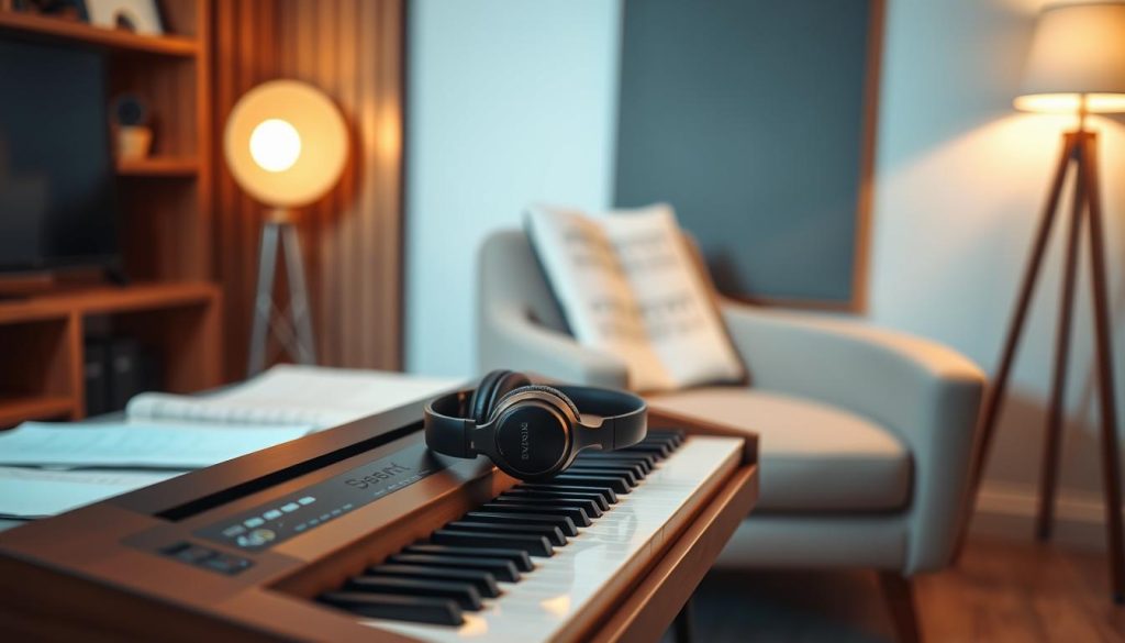 A cozy indoor setting showcasing a compact digital piano prominently in the foreground, with a stylish pair of headphones resting atop it. The piano features a sleek, minimalist design in a warm, walnut finish, with illuminated keys reflecting soft ambient lighting. In the middle ground, a comfortable chair is positioned beside the piano, with sheet music elegantly displayed nearby. Soft, warm lighting casts gentle shadows, creating a serene atmosphere appropriate for intimate practice sessions. In the background, a sound-absorbing wall panel is visible, enhancing the room’s acoustics. The angle captures both the piano and headphones invitingly from a slightly elevated perspective, emphasizing the comfort and personalization of the gaming experience indoors. The overall mood is one of tranquility and inspiration, perfect for a focused musical experience. A cozy indoor setting showcasing a compact digital piano prominently in the foreground, with a stylish pair of headphones resting atop it. The piano features a sleek, minimalist design in a warm, walnut finish, with illuminated keys reflecting soft ambient lighting. In the middle ground, a comfortable chair is positioned beside the piano, with sheet music elegantly displayed nearby. Soft, warm lighting casts gentle shadows, creating a serene atmosphere appropriate for intimate practice sessions. In the background, a sound-absorbing wall panel is visible, enhancing the room’s acoustics. The angle captures both the piano and headphones invitingly from a slightly elevated perspective, emphasizing the comfort and personalization of the gaming experience indoors. The overall mood is one of tranquility and inspiration, perfect for a focused musical experience.